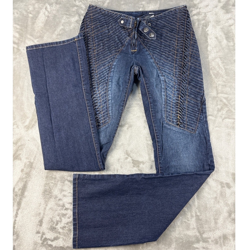 Akademiks Womens 26 Blue Moto Denim Jeans Pleated Hip Y2K Streetwear Bootcut